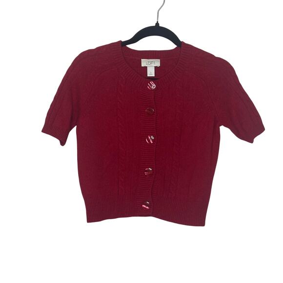 Loft Wool Cashmere Blend Short Sleeve Cardigan Cable Knit Sweater Red Size Small - Picture 1 of 4